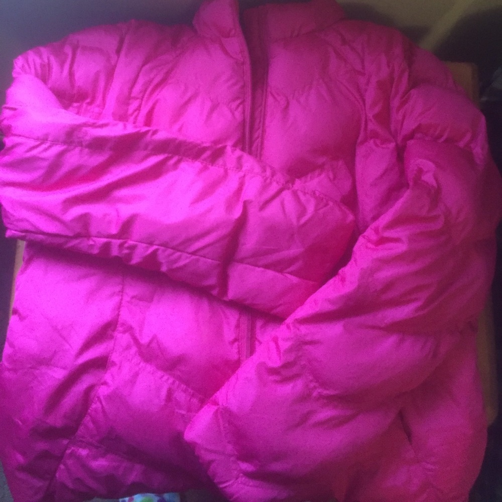 A pink puffy coat and an Adidas jacket